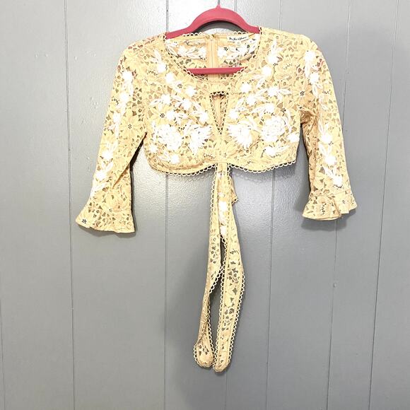 NEW For Love & Lemons Latte Beige Floral Lace Matador Tie Crop Top XS - Picture 2 of 8